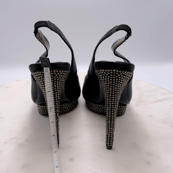 BCBGMAXAZRIA Falcon Black Satin Rhinestone Heels 8.5 Peep Toe Holiday Party - Picture 6 of 13